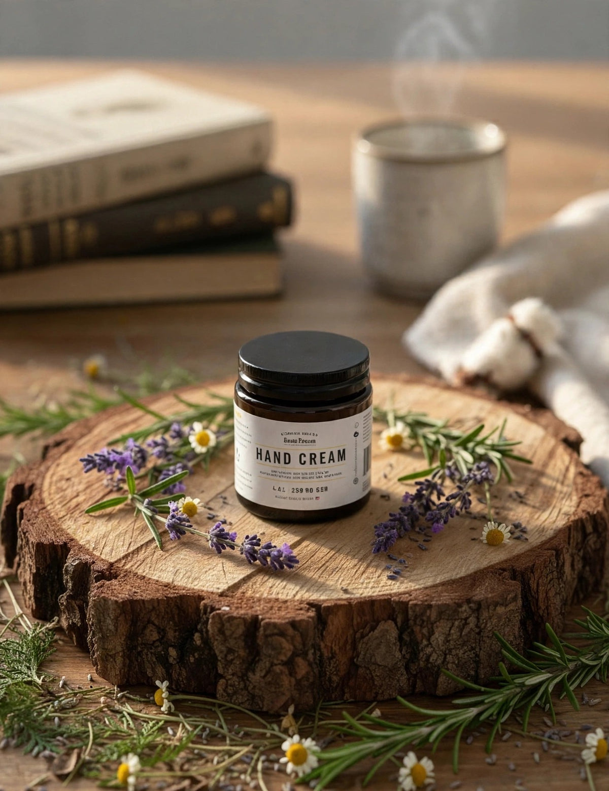 Hand Cream jar on a wood slice with lavender